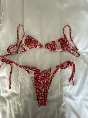 Red Floral Tie-Side Bikini Set - Women Swim